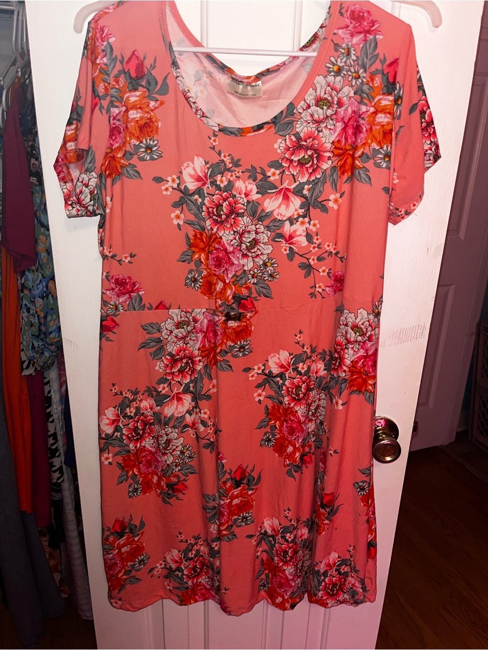 Coral Floral Short-Sleeve Scoop Neck Dress